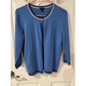 Talbots Cardigan Sweater Cotton Blend‎ Knit Top Blue White Trim Size M